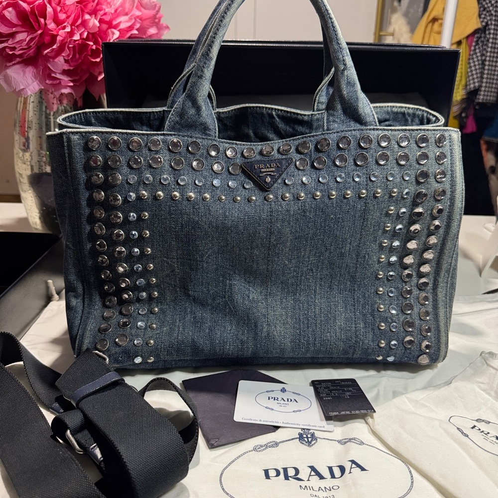 Prada Canapa studded with sparkly bling Blue Denim Studded Tote Bag - Picture 1 of 14